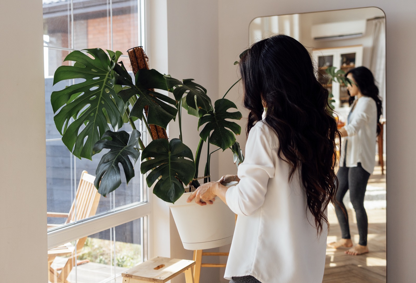 Femme prenant soin de son monstera dans un intérieur lumineux