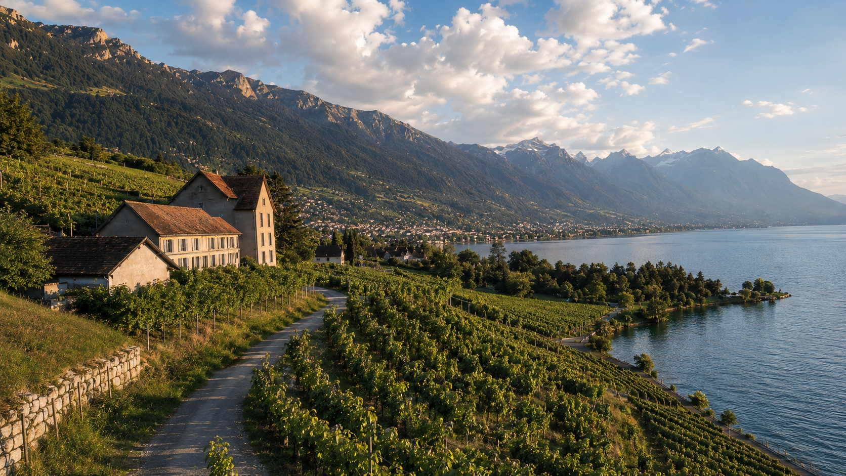 Vignes de Lavaux en terrasses descendant vers le Léman