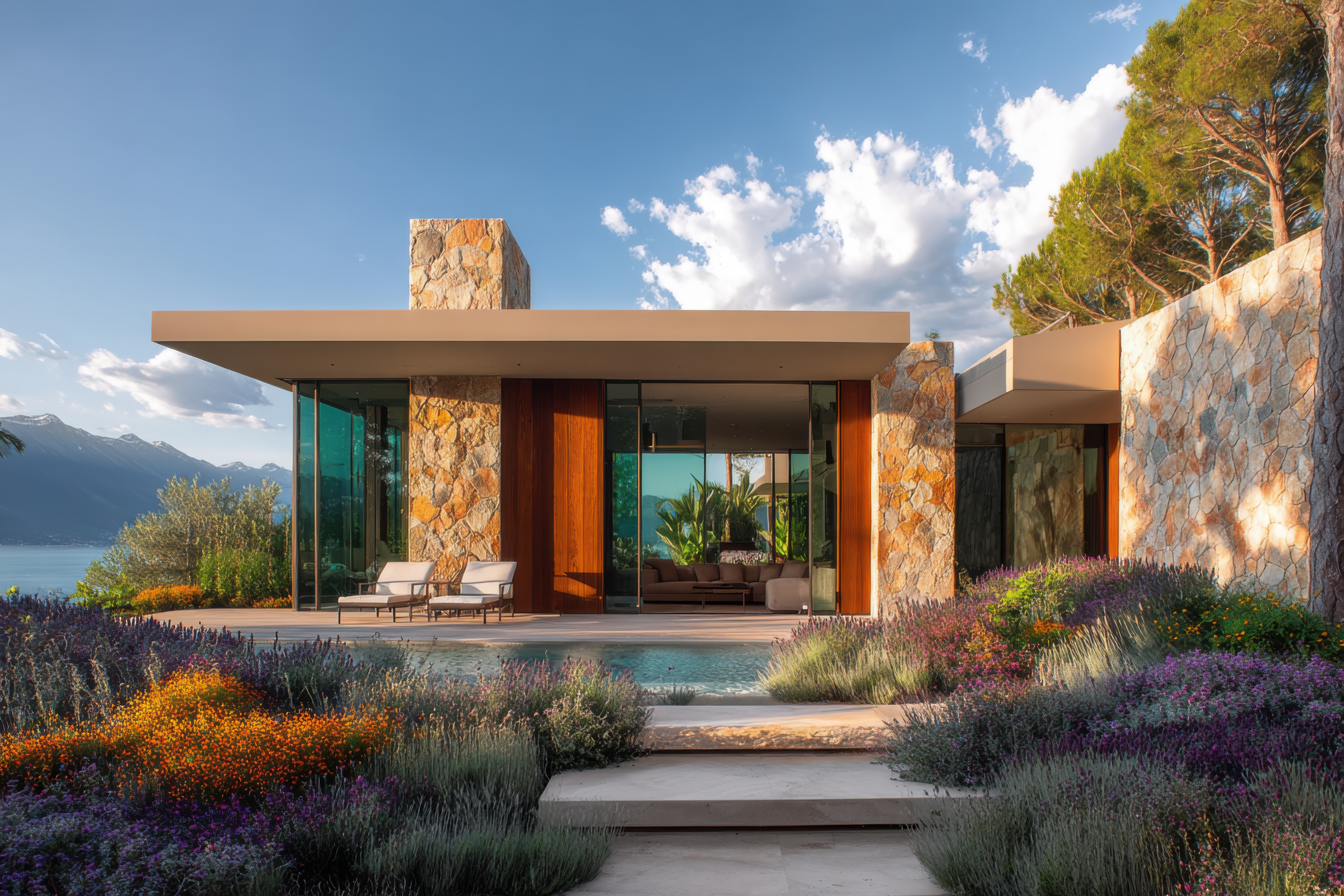 Villa contemporaine en pierre face au lac, jardin de lavande