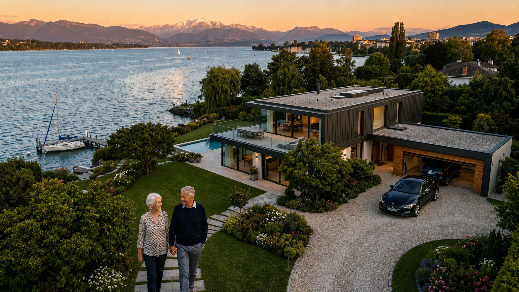 Villa contemporaine au bord du Léman au coucher du soleil, un couple de retraités dans son jardin